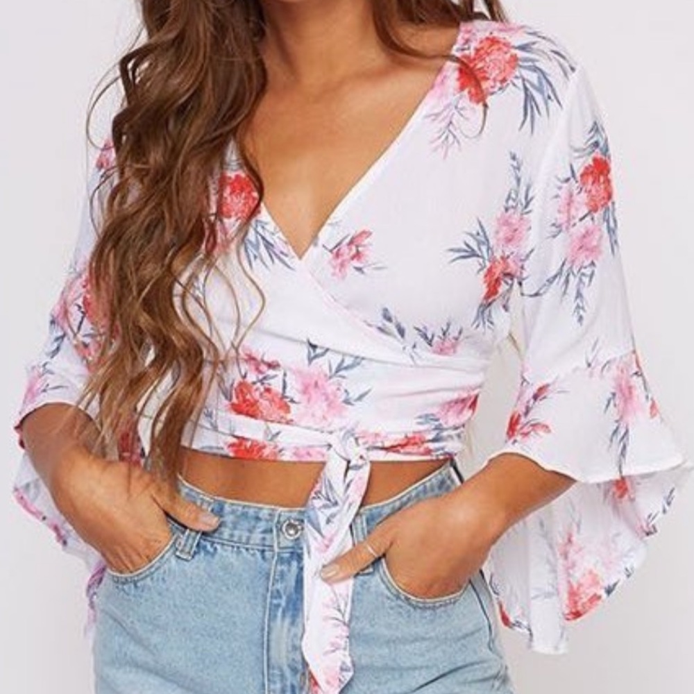 Flower Printed Woven Top - Ivory/Red/Grey